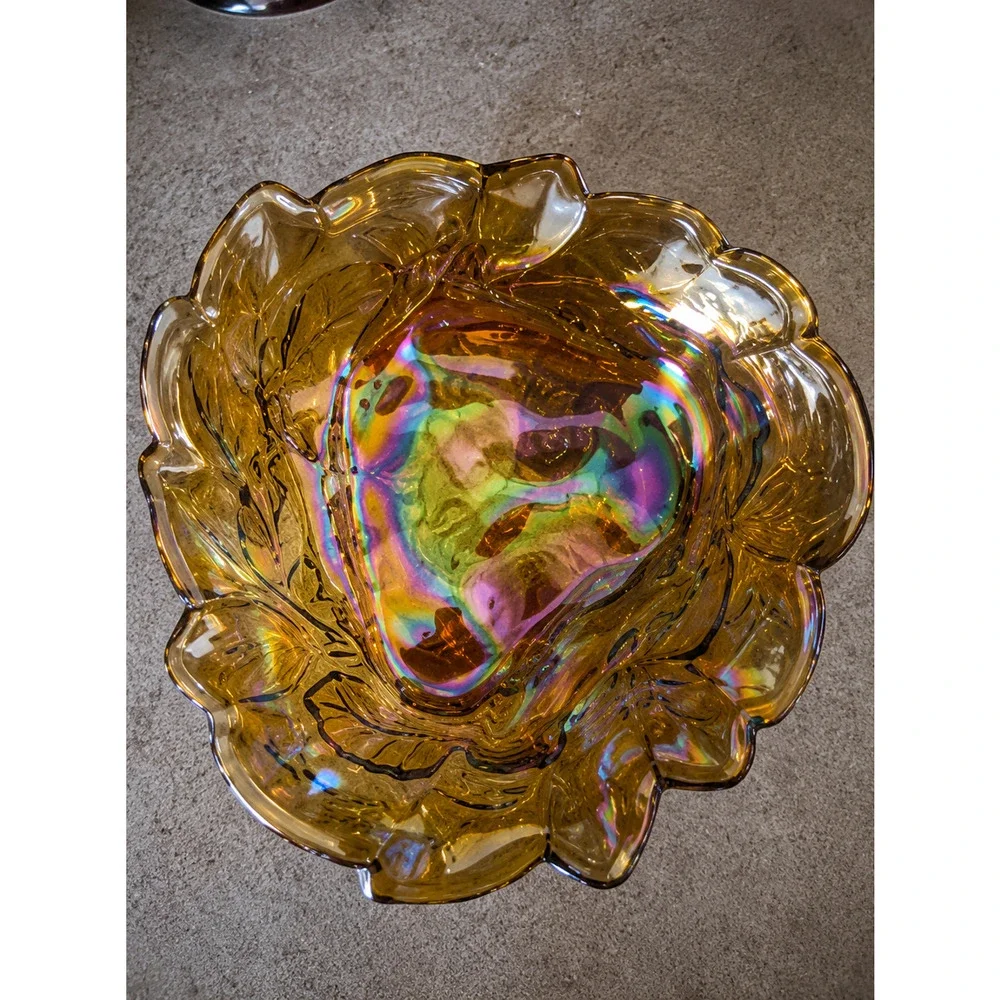 Vintage Iridescent Amber Carnival Glass Grape & Leaf Ruffled Bowl 7.75